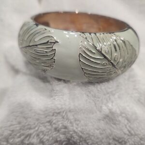 Hinged Bangle Bracelet Silver Tone Chunky Sequin Sage Green Enamel Monstera Leaf